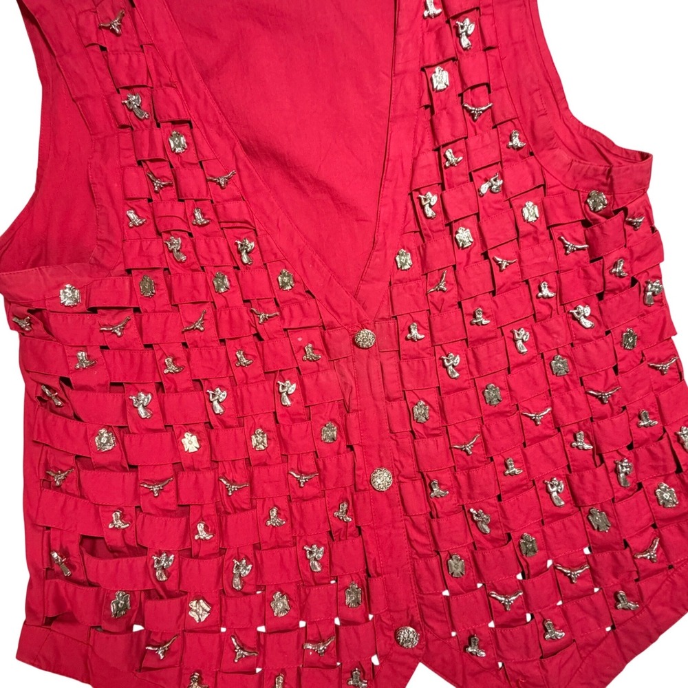 EllenVintage Red Woven Vest Western Charms Longhorn Cowboy Boot L Rodeo Festive